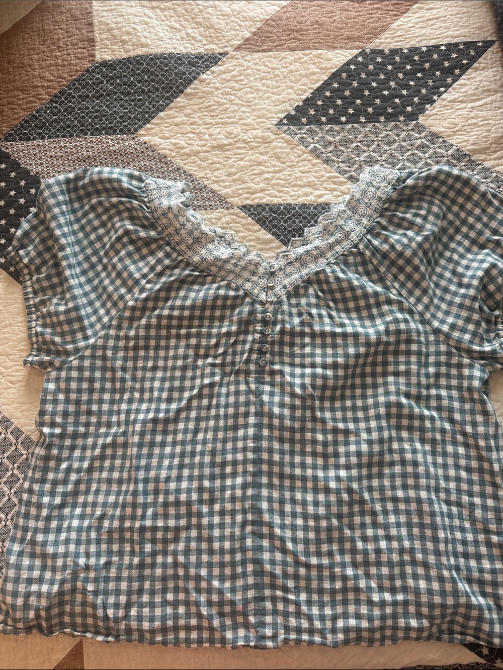 Madewell Blue and White Gingham Lace-Trim Blouse